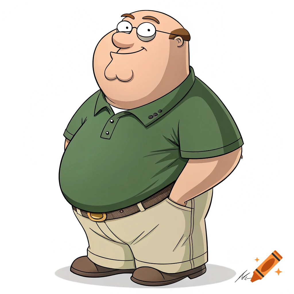 Cartoon drawing of a bald man in a green polo shirt and khaki pants.