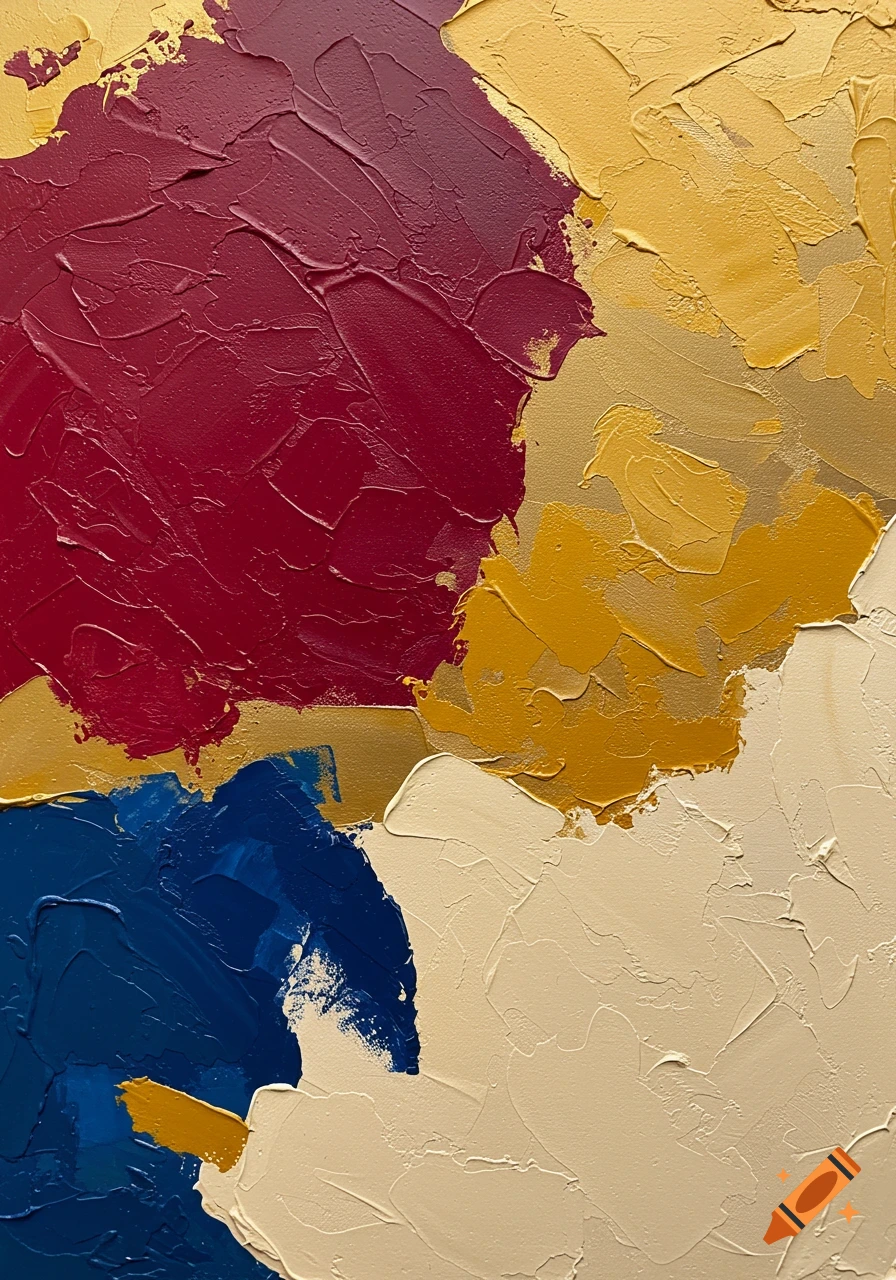 Abstract oil painting with thick texture and large shapes of red, yellow, blue, and cream