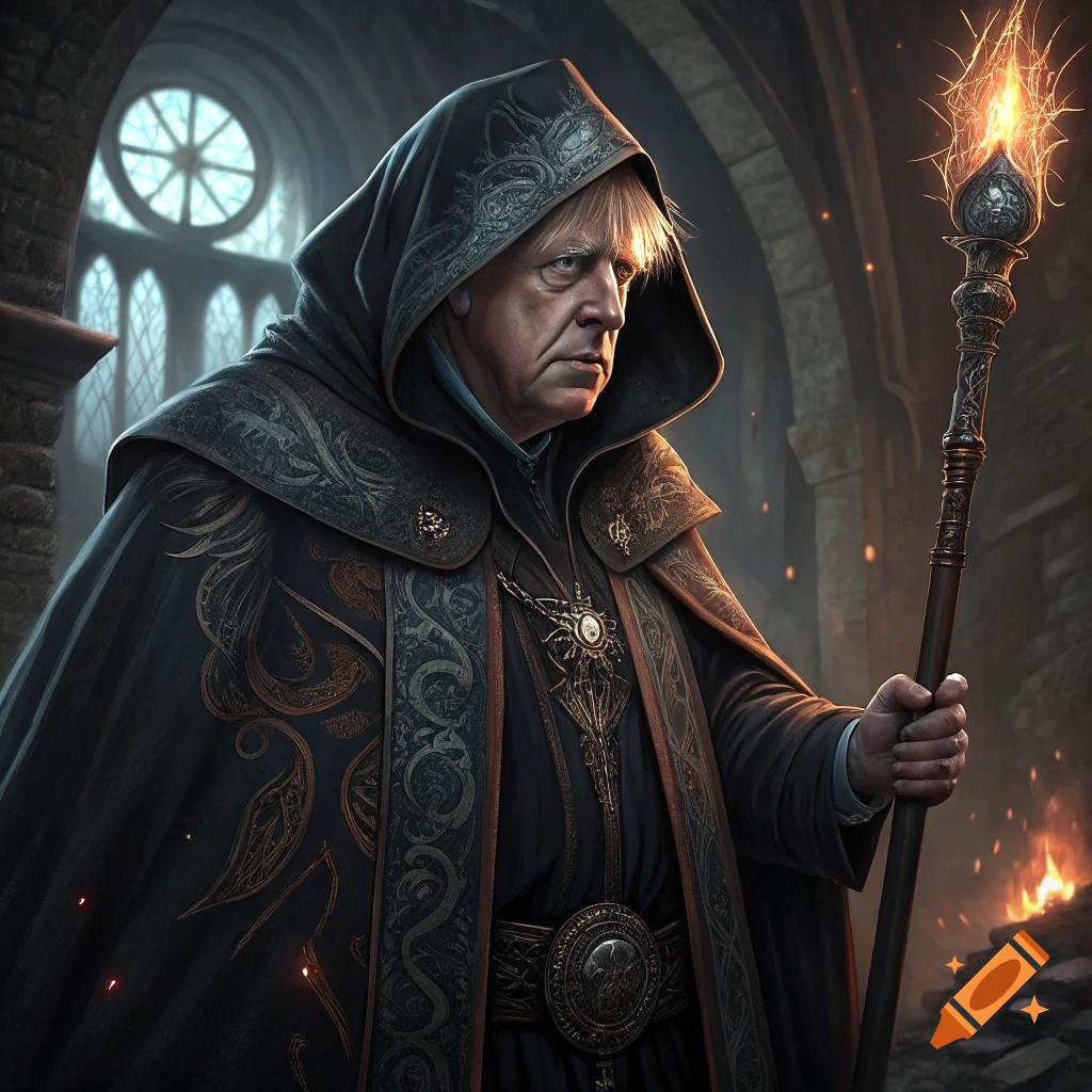 Fantasy portrait of a man resembling Boris Johnson dressed as a dark inquisitor holding a glowing staff.