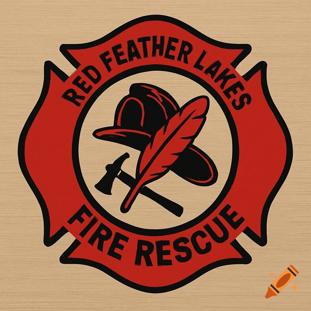 Red logo for Red Feather Lakes Fire Rescue with helmet, axe, feather on wood background.