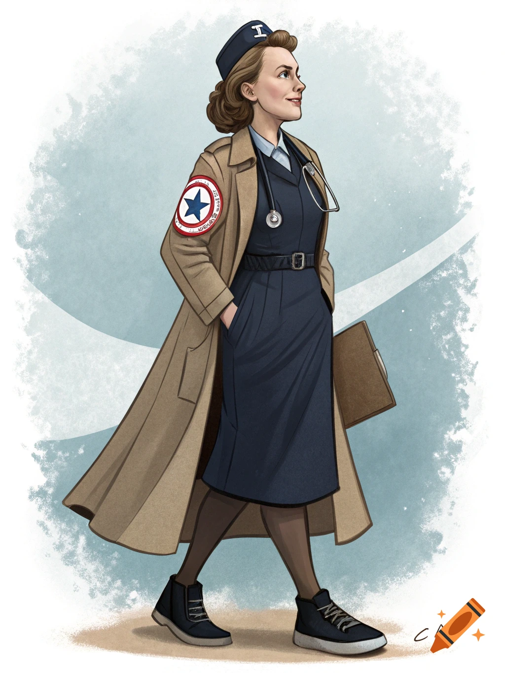 Illustration of a woman dressed as a nurse or doctor with a trench coat, stethoscope, and clipboard walking.