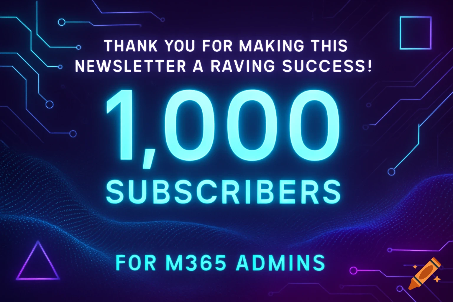 A tech-themed banner celebrates 1,000 subscribers with text Thank You For Making This Newsletter A Raving Success! and For M365 Admins.