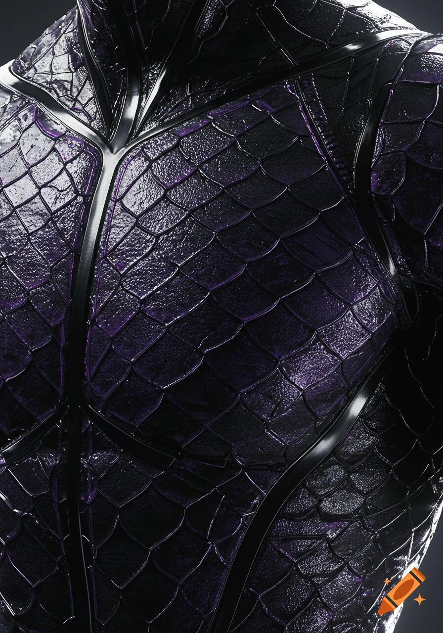 Close-up of a black and purple suit with reflective scale texture