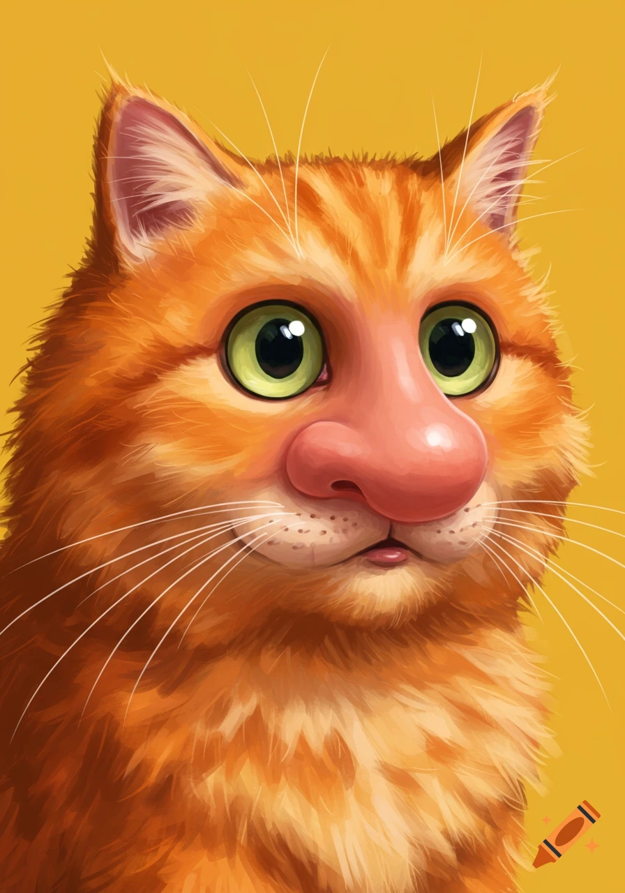 An orange cartoon cat with a huge pink human-like nose and green eyes, on a yellow background.