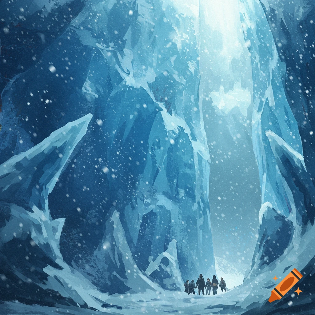 A group of small figures stands in a vast, glowing blue ice cave with falling snow.