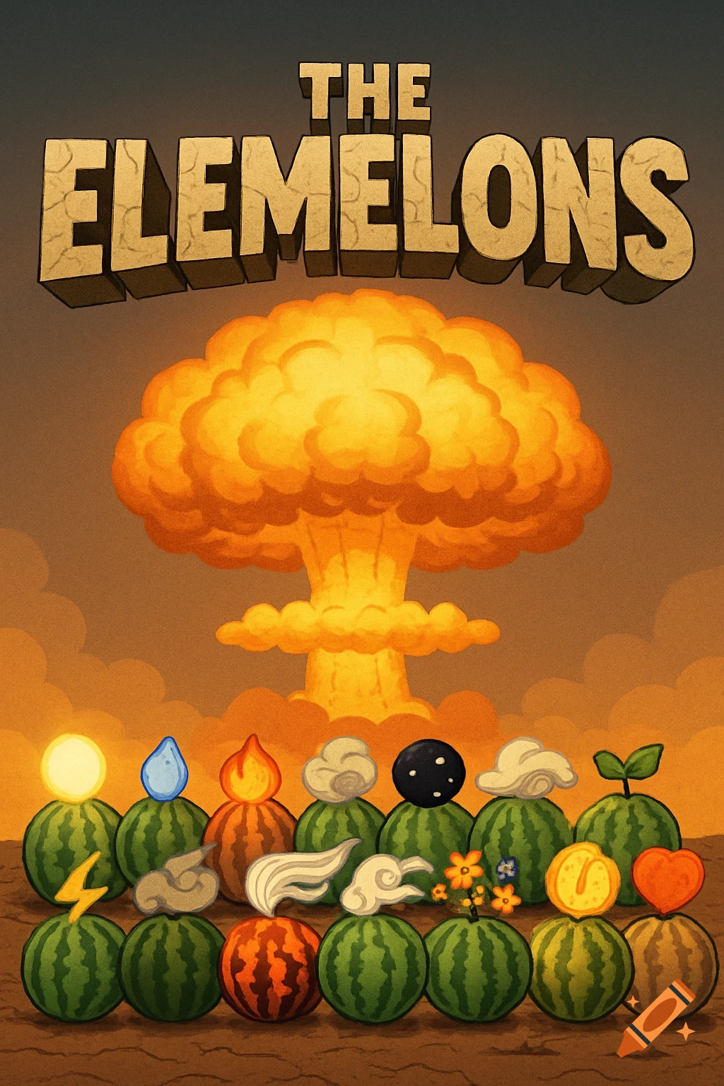 Cartoon style cover with element-themed watermelons in front of a nuclear explosion and the title 'THE ELEMELONS'.