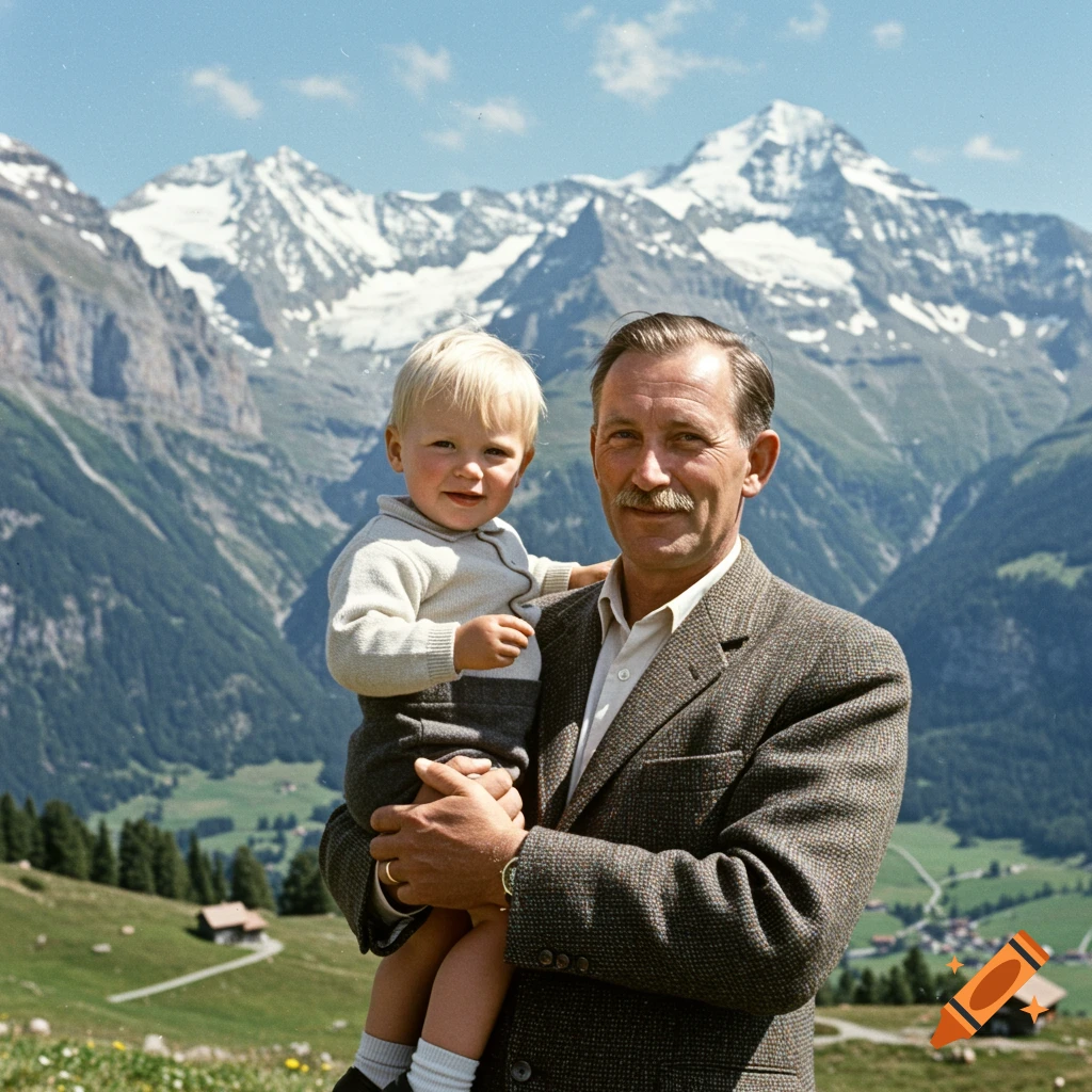 Man holds a child in front of snow-capped mountains, vintage photo.