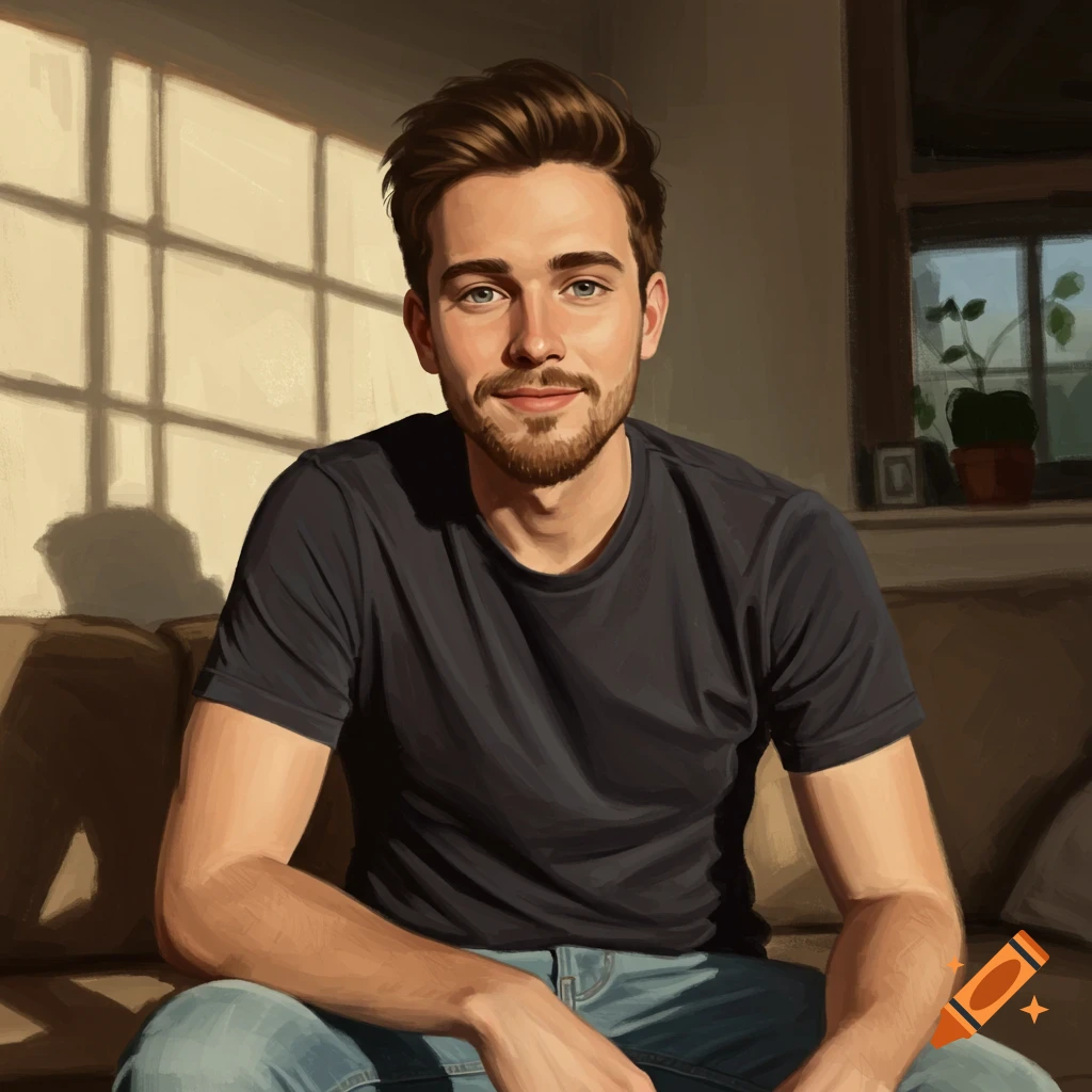 Digital painting of a young man sitting on a couch in sunlight