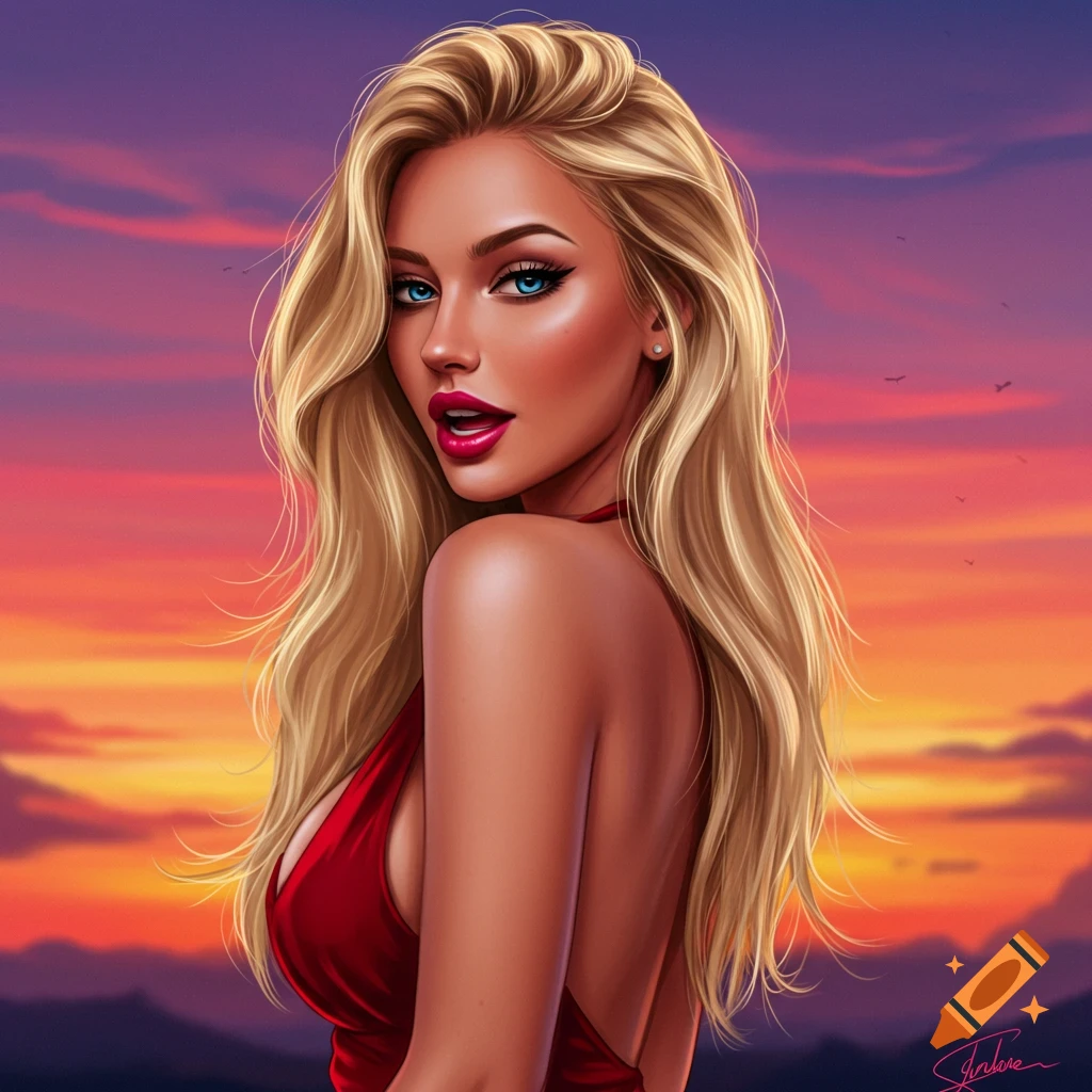 A blonde woman in a red dress against a sunset.
