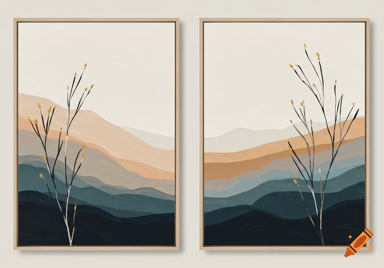 Two framed abstract paintings depicting layered landscapes in earthy and cool tones with bare branches.