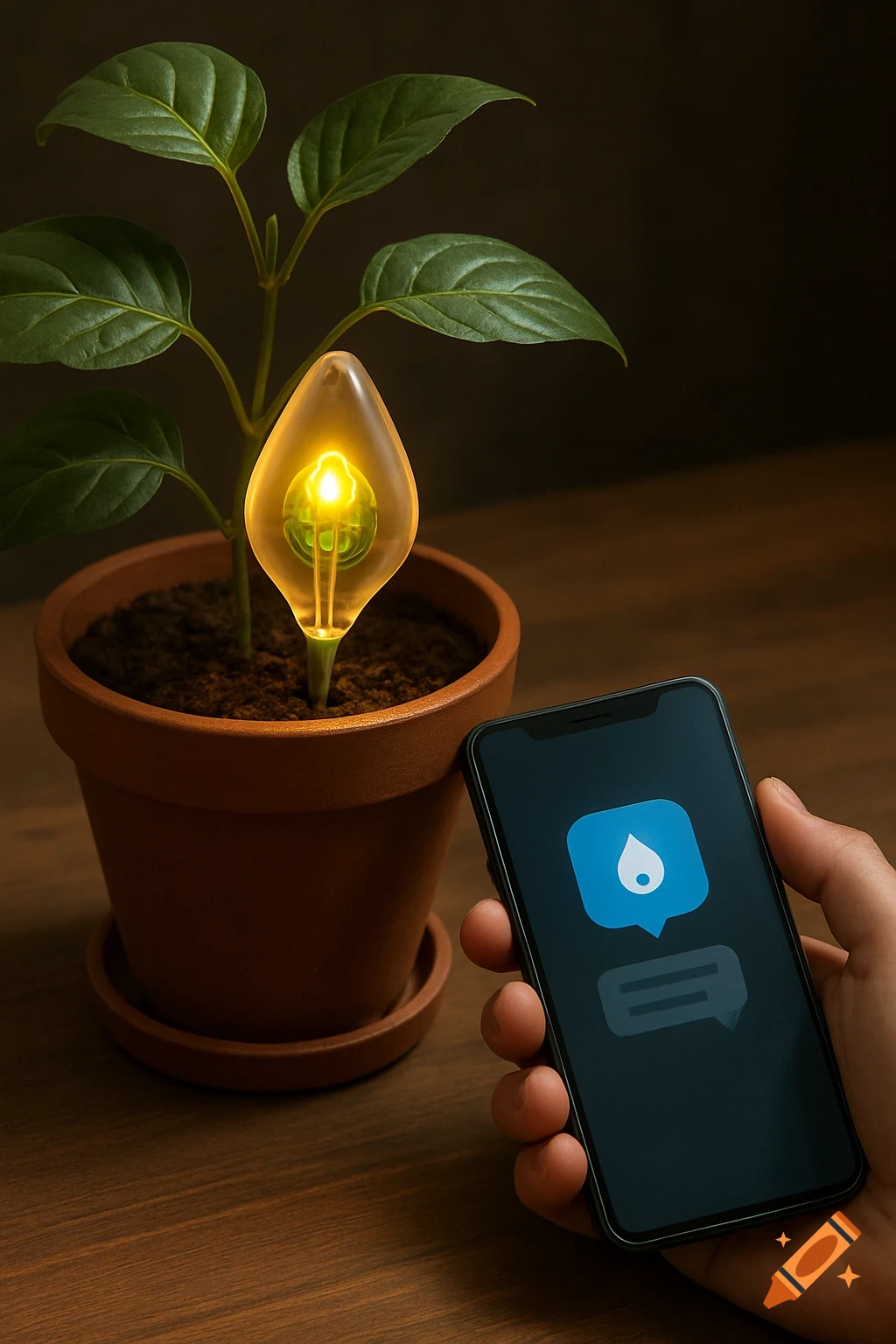 A potted plant with a glowing sensor and a hand holding a smartphone showing an app icon.