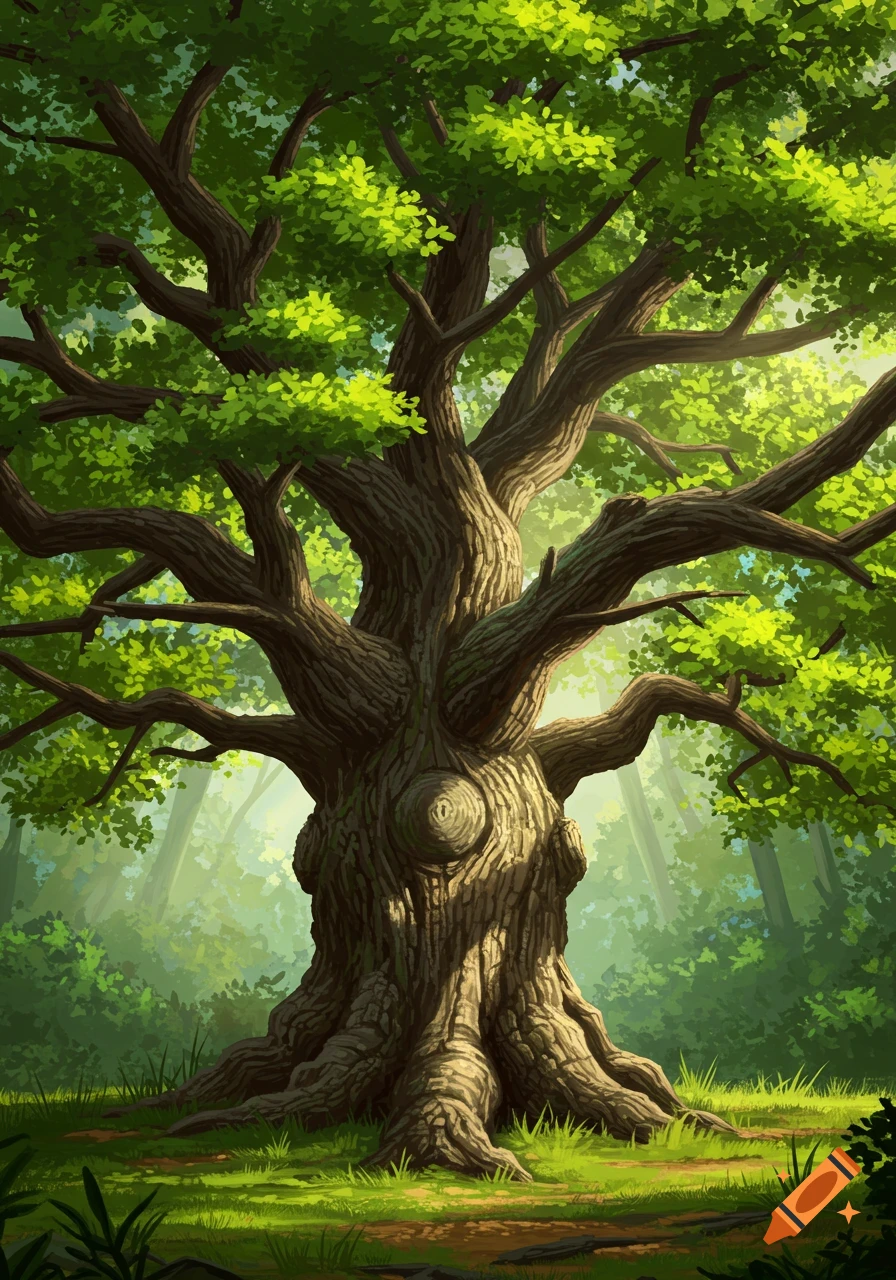A large, detailed tree with green leaves in a forest setting, digital illustration.