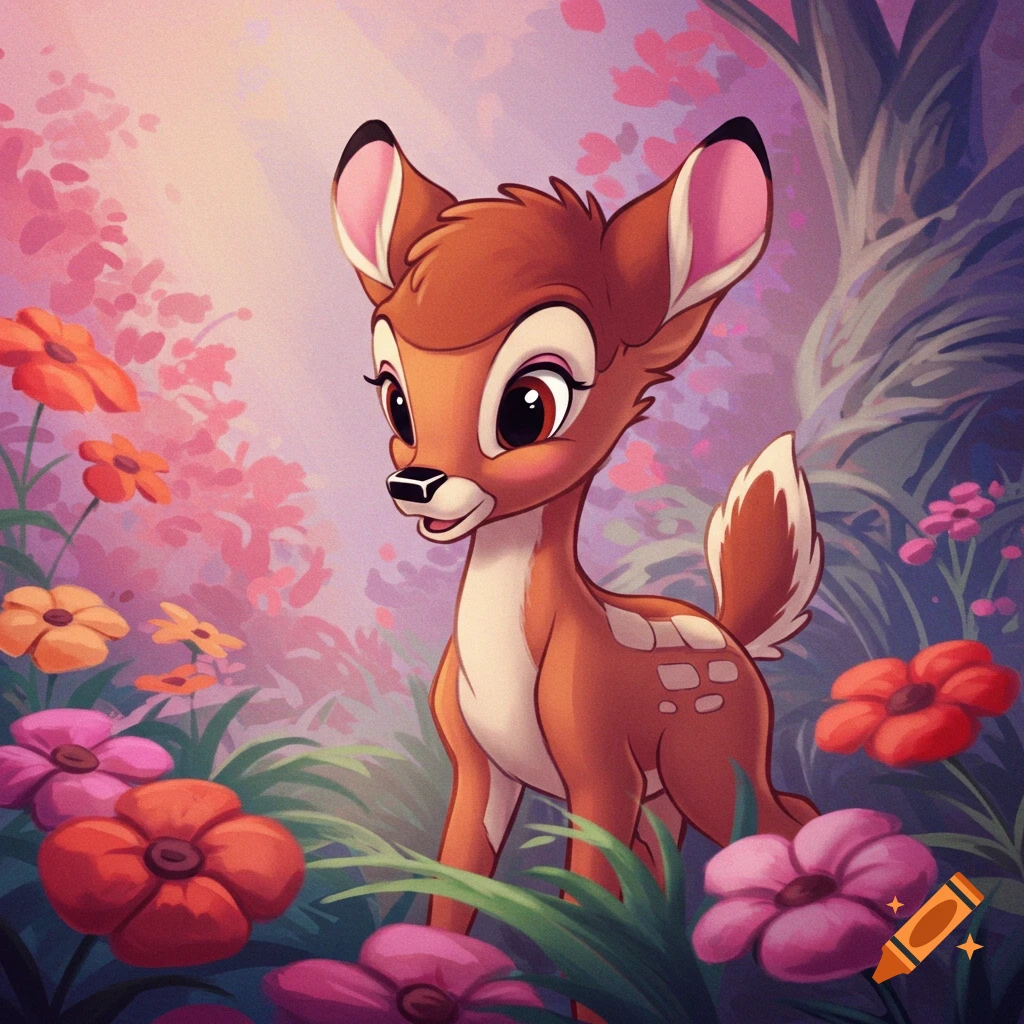 A young deer (Bambi) stands in a vibrant, stylized forest with flowers, in a classic animation style.