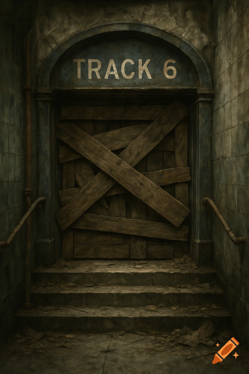 A boarded-up door labeled "TRACK 6" at the top of concrete stairs in a dark, abandoned subway entrance.