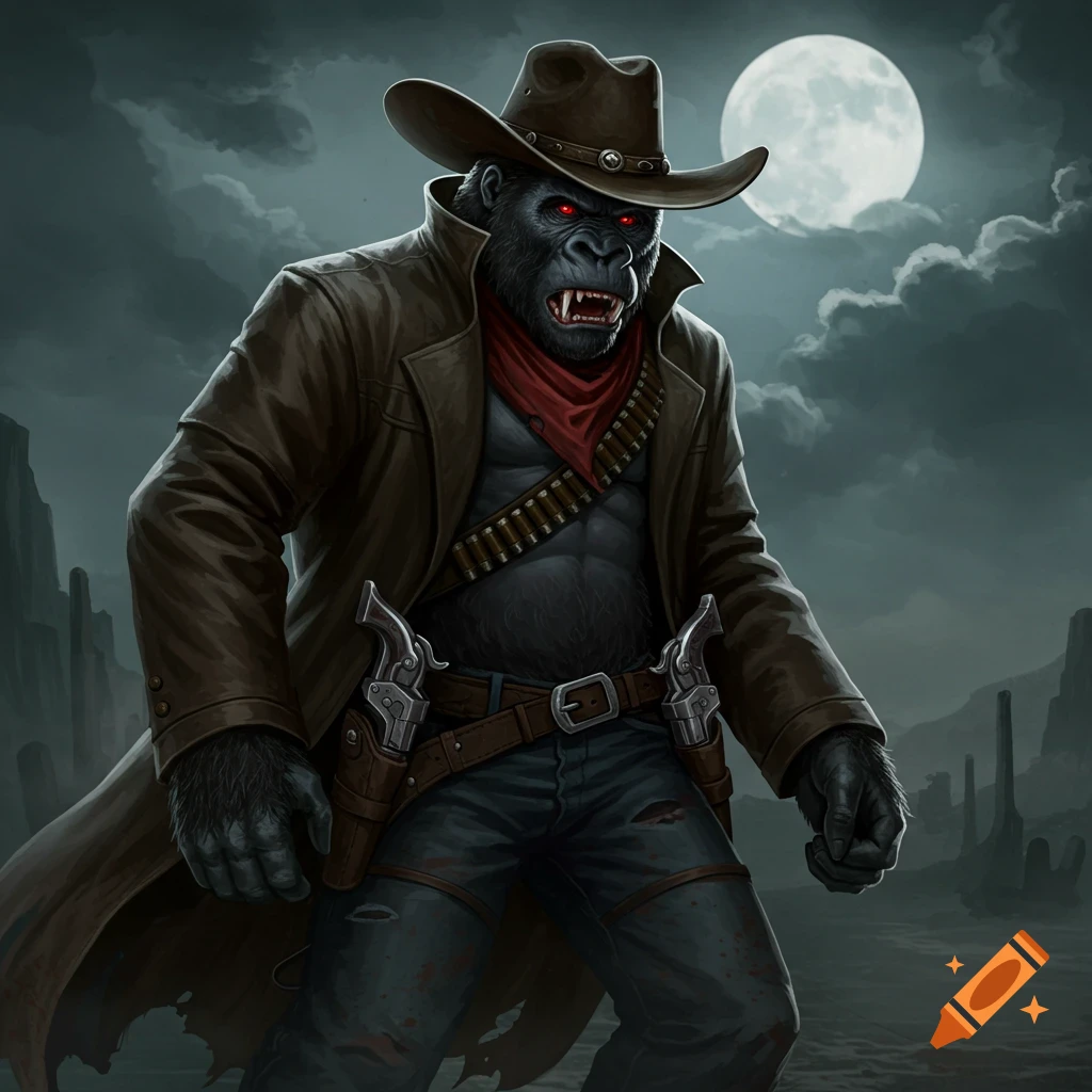 A monstrous gorilla in cowboy clothes stands under a full moon.