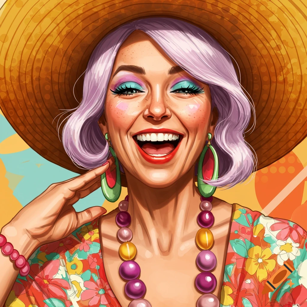 Vibrant depiction of a smiling woman in a straw hat and colorful floral outfit.