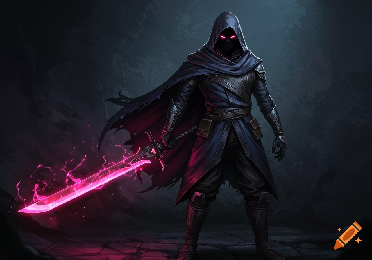 A hooded dark fantasy character with glowing red eyes holds a glowing pink sword.