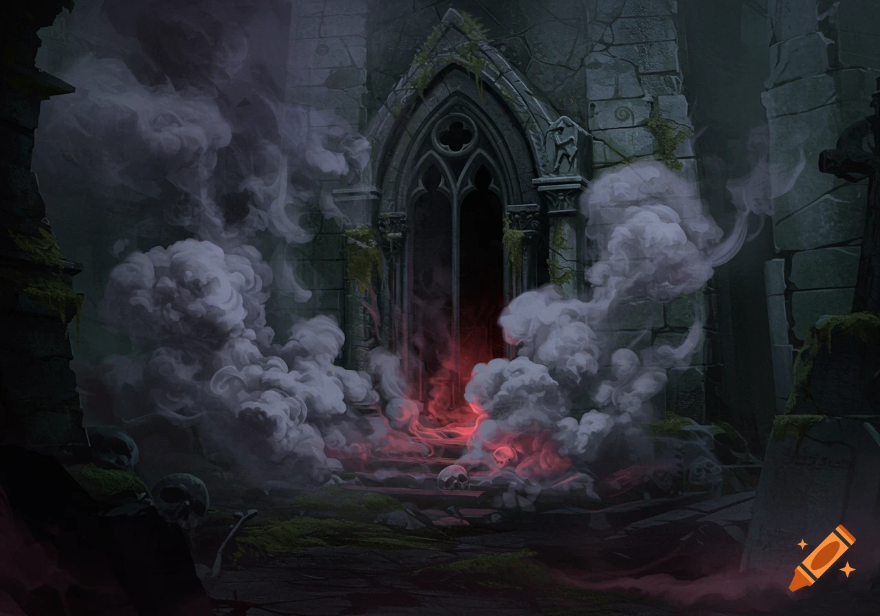 A dark, gothic archway entrance to a crypt or passage, surrounded by smoke, skulls, and bones, with a red glow coming from within.