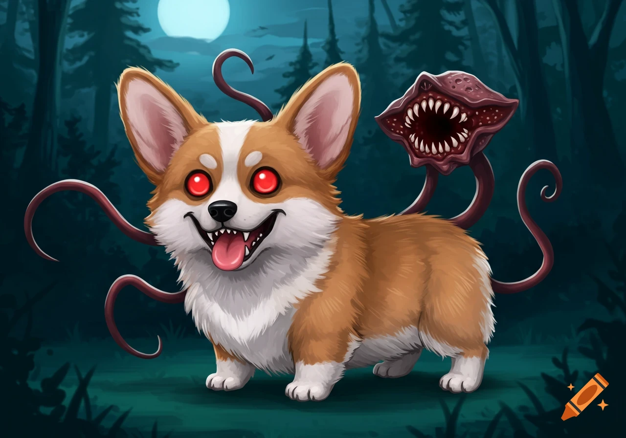 A Corgi with Demogorgon features in a dark forest.