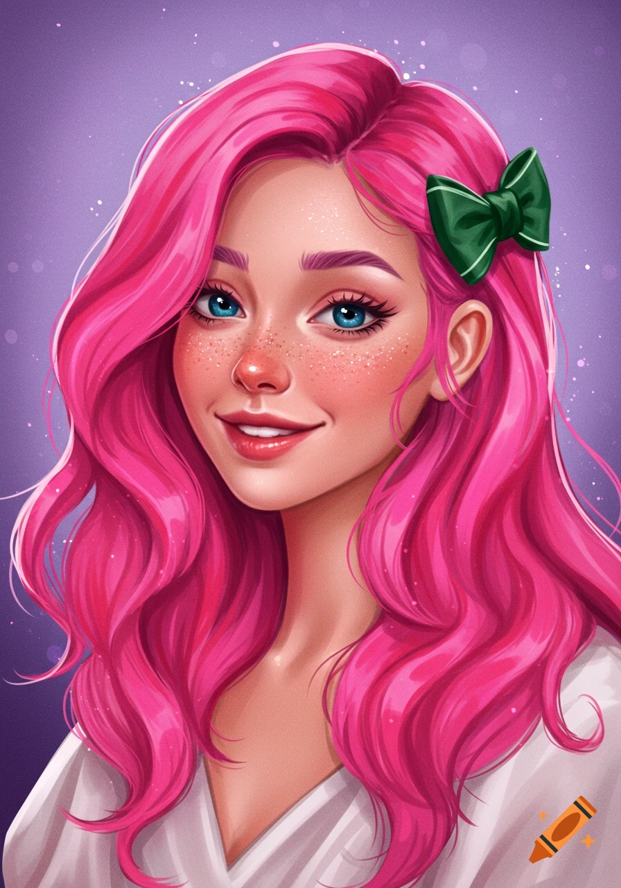 A woman with pink hair, blue eyes, freckles, and a green hair bow.