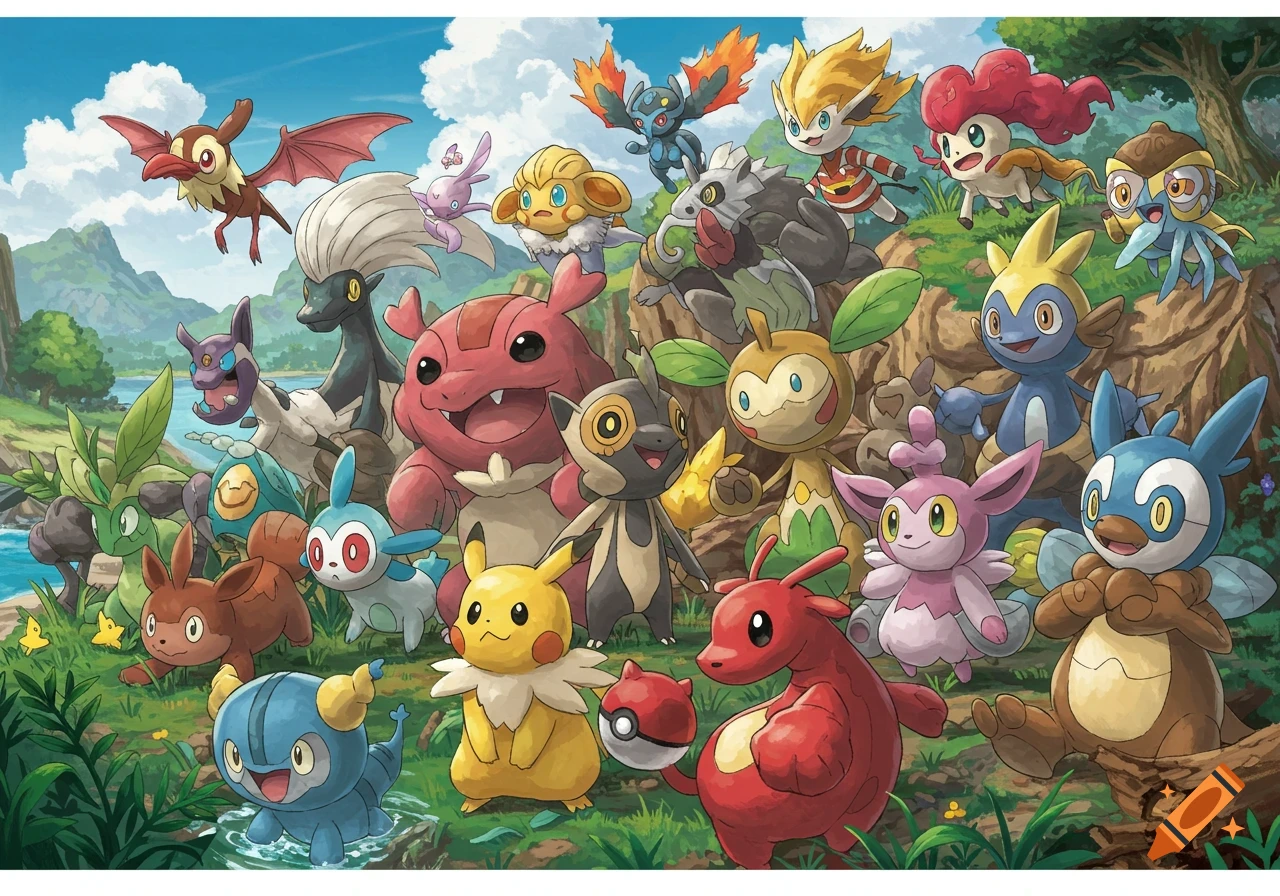Many different colorful Pokemon-style creatures are in a lush outdoor landscape.