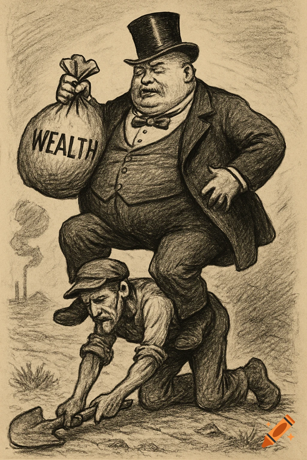 Charcoal sketch of a fat rich man standing on a poor worker digging with a shovel, holding a bag labeled 'WEALTH'.