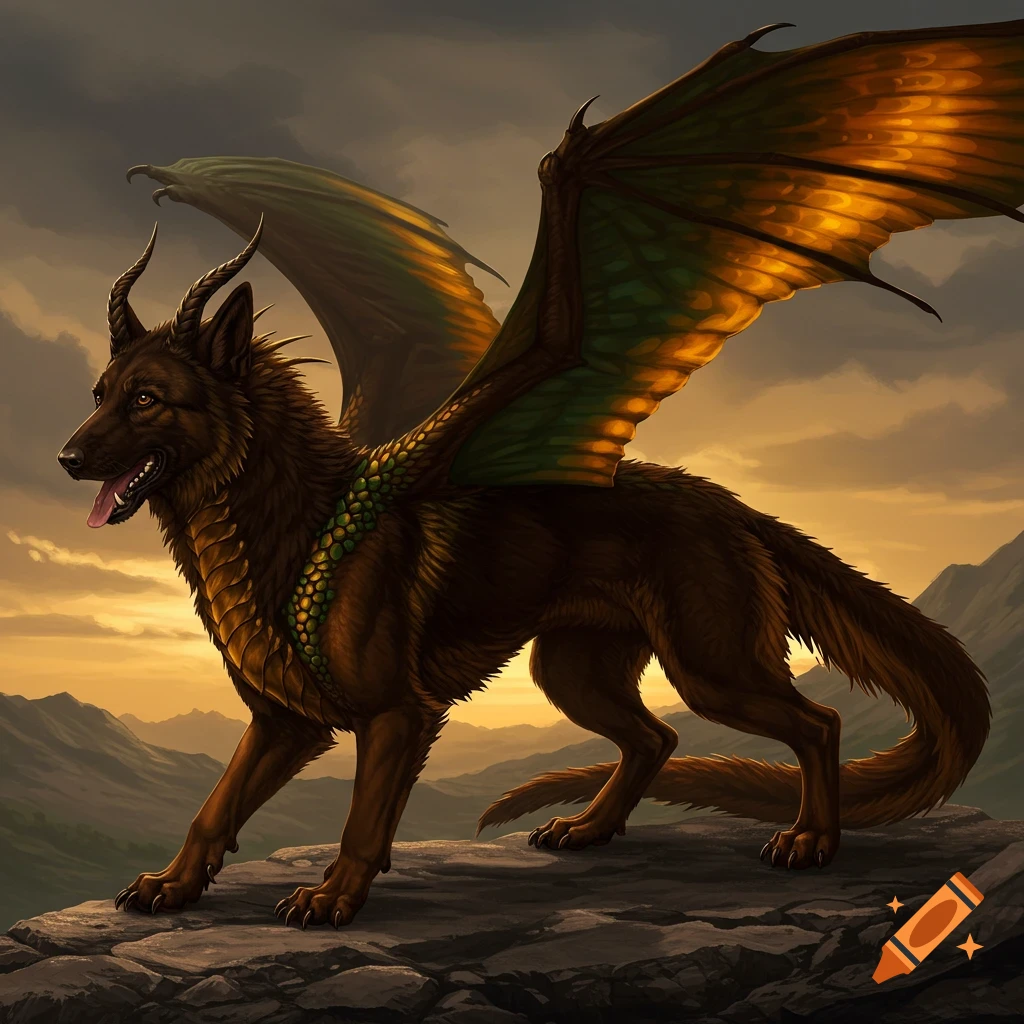 A brown German shepherd dragon hybrid with large wings stands on a rocky mountain peak at sunset.