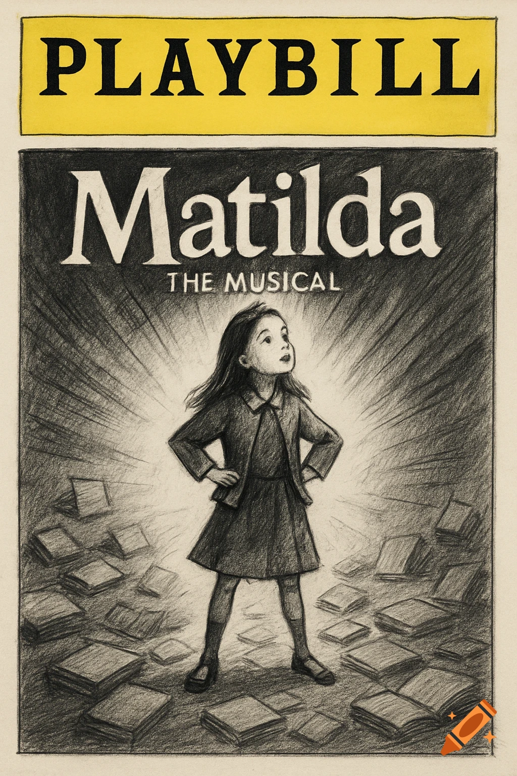 Charcoal sketch style playbill for Matilda the musical, showing a girl standing among books.