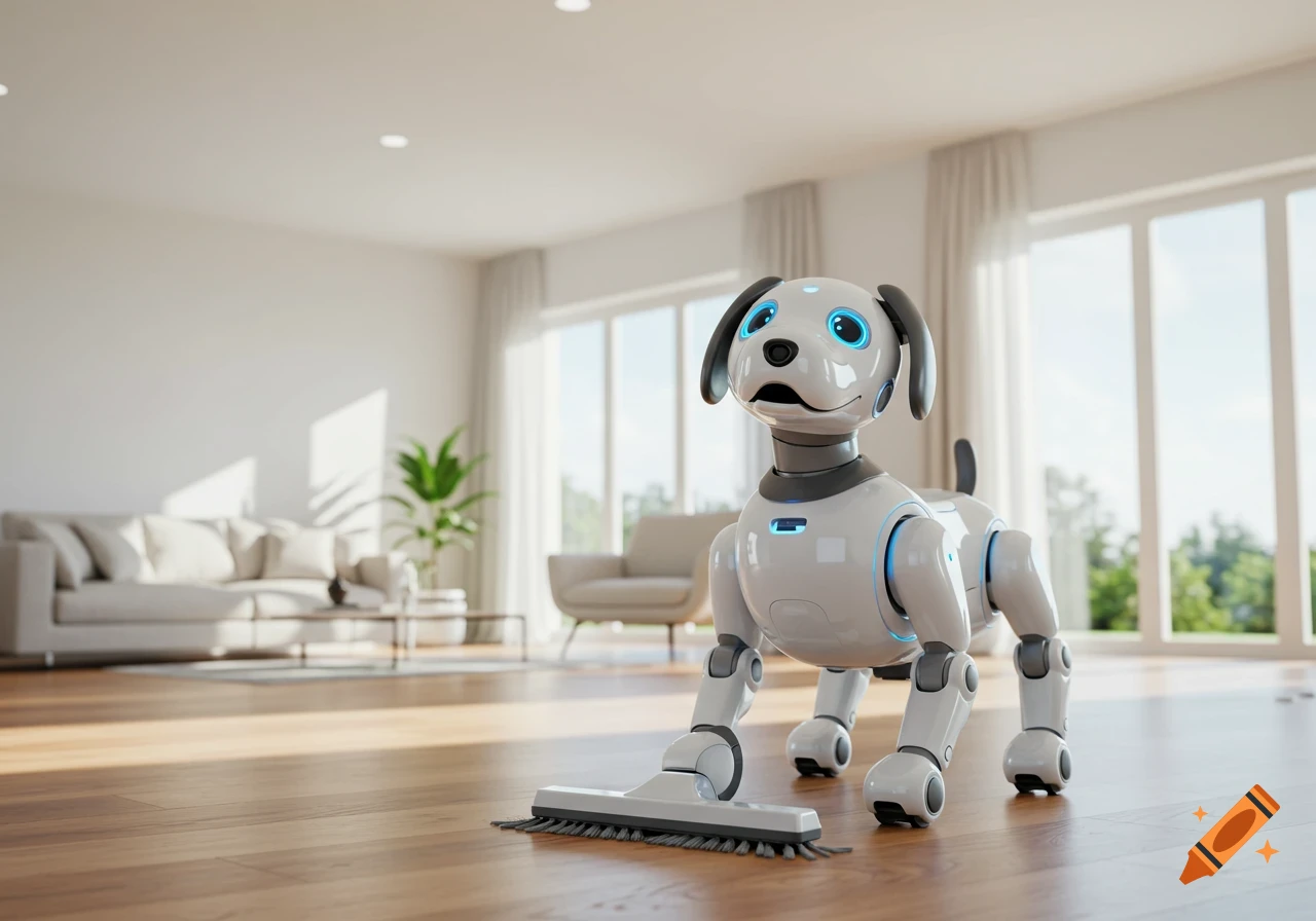 A white robot dog with blue lights vacuums a wooden floor in a bright, modern living room.