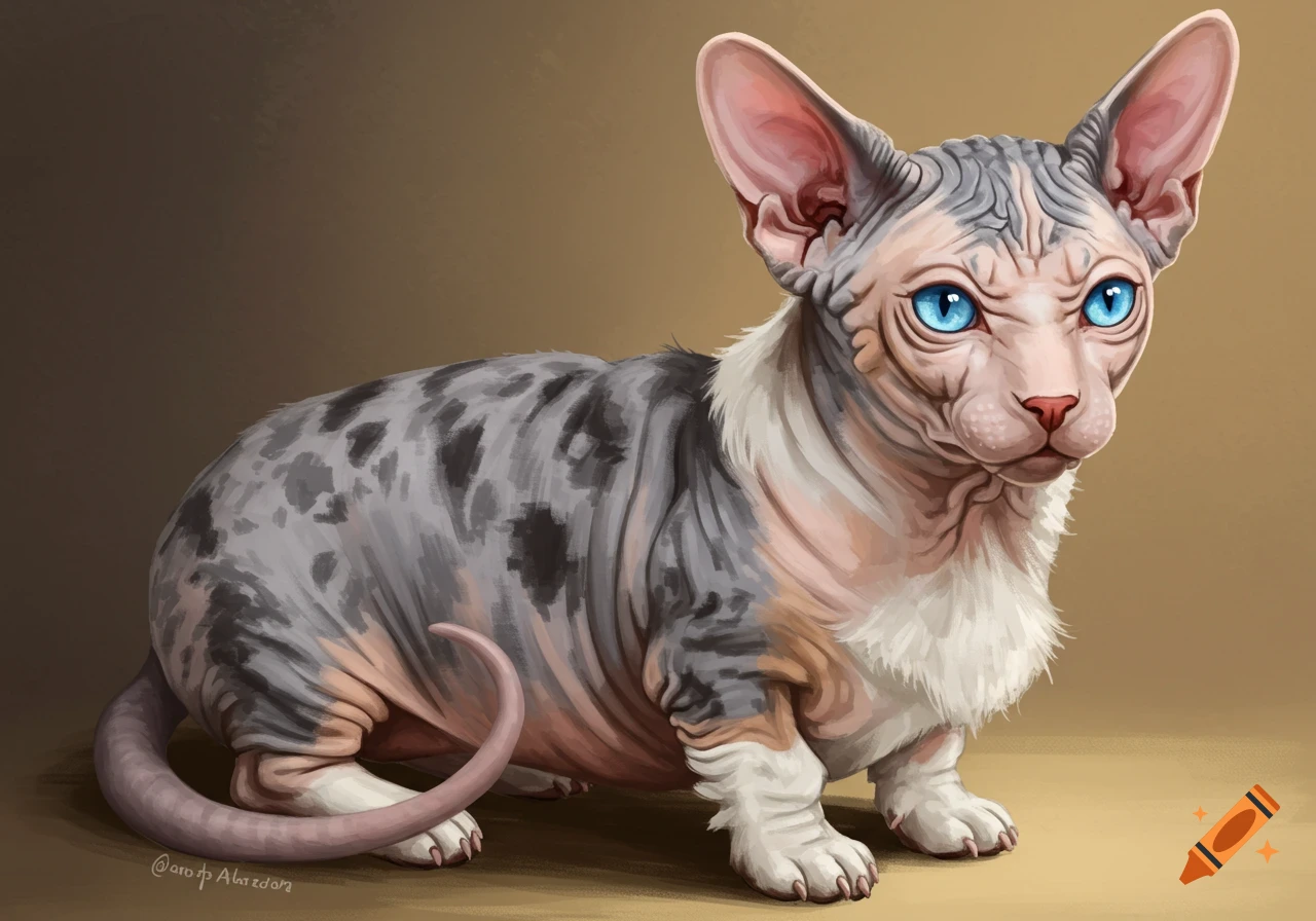 A blue merle Sphinx cat Corgi hybrid creature with blue eyes.
