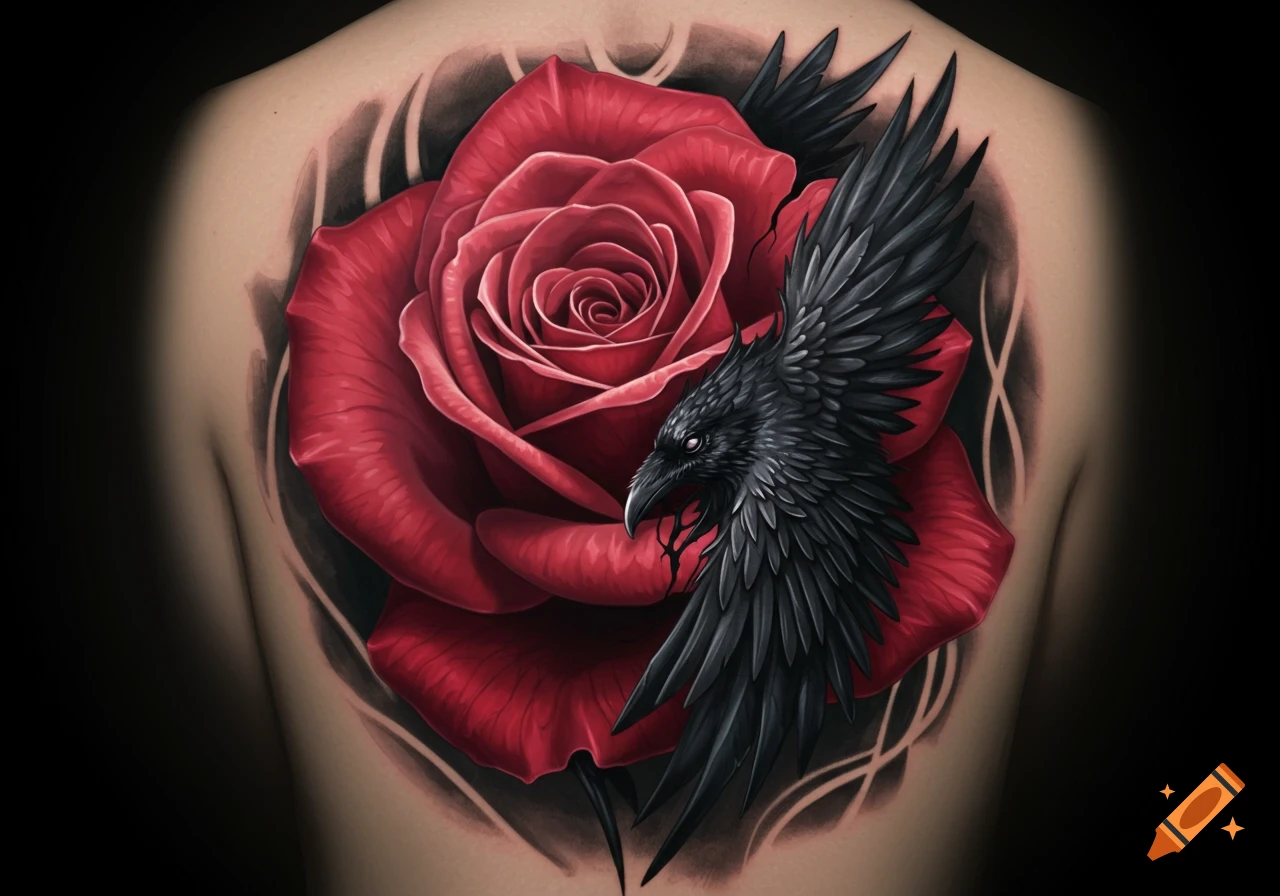 A detailed realism tattoo of a red rose and a black raven on skin.