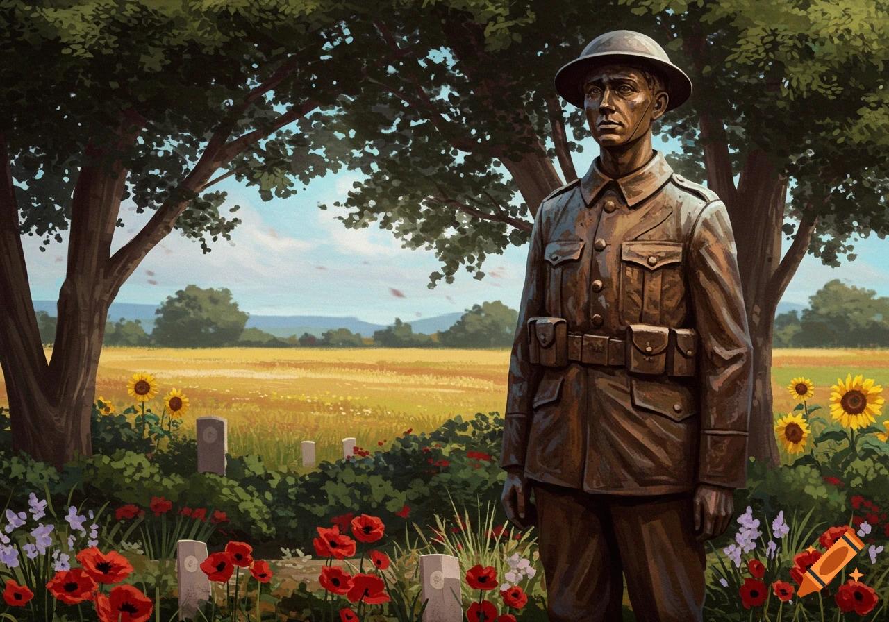 A WWI soldier statue stands in a memorial garden filled with poppies and sunflowers.