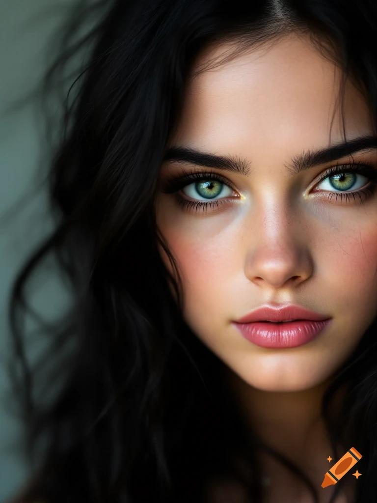 Close-up portrait of a woman's face with green eyes and dark hair.