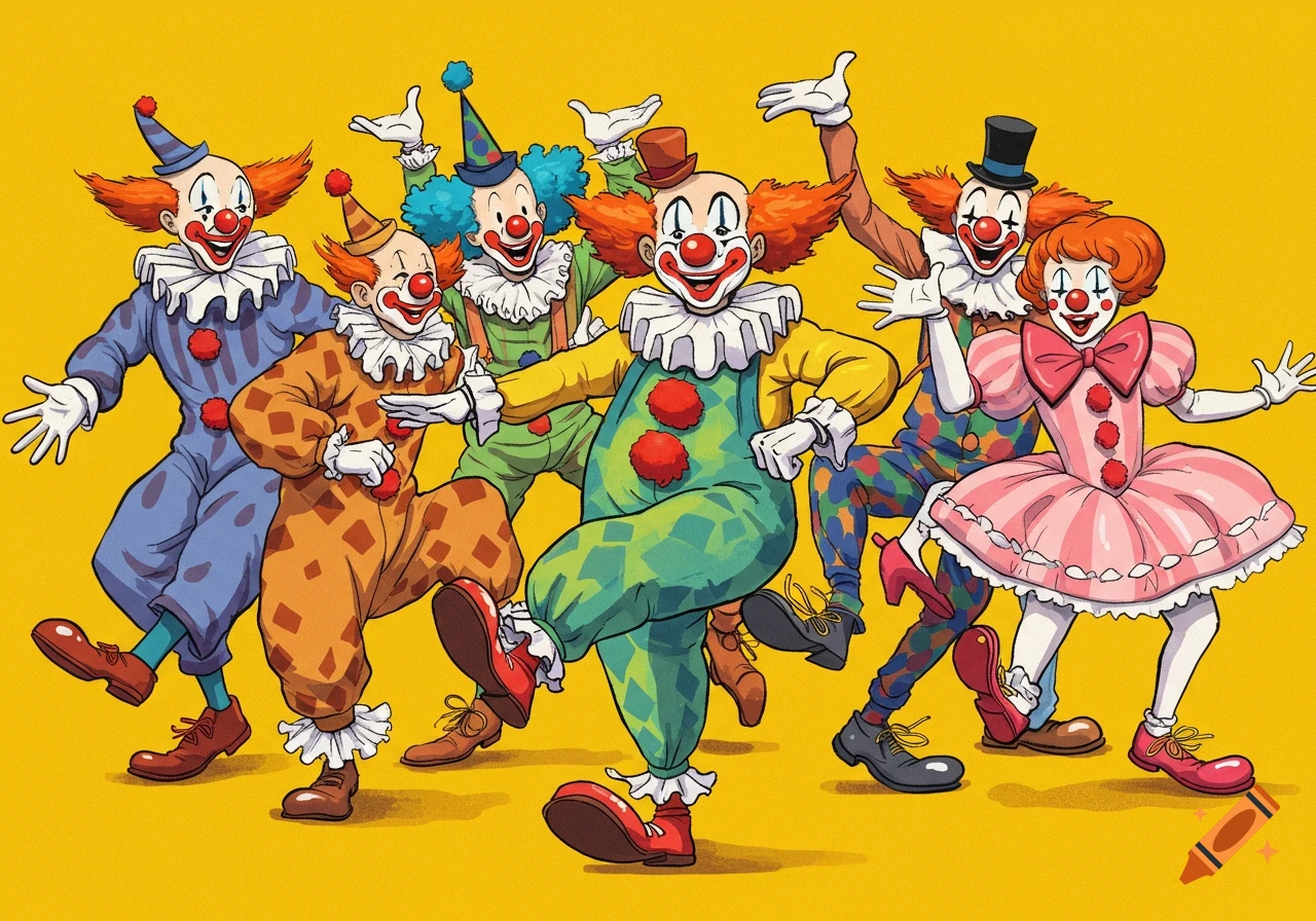 Illustration of a group of colorful clowns dancing