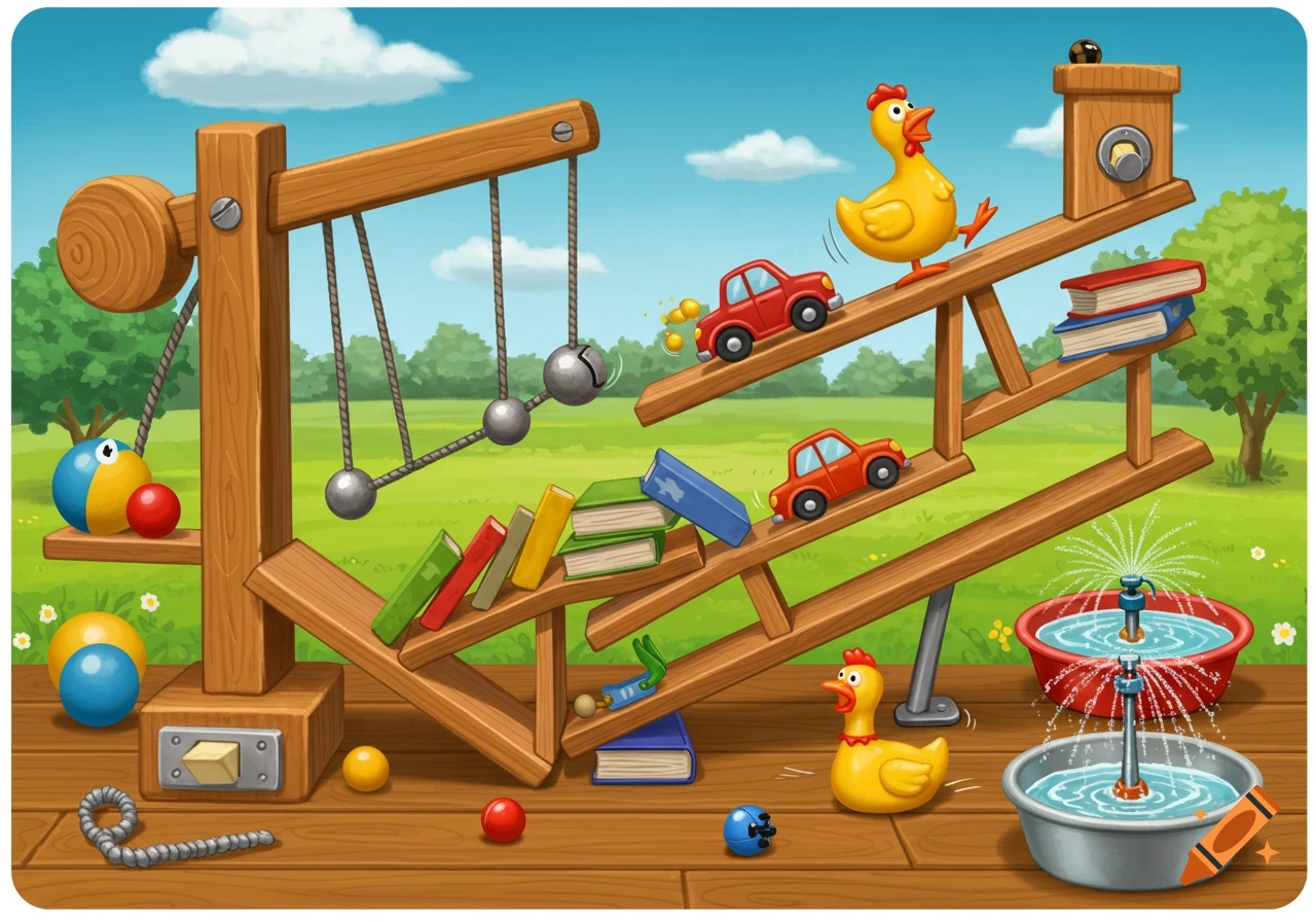Cartoon illustration of a Rube Goldberg machine made of wood with toy cars, balls, chickens, and books.