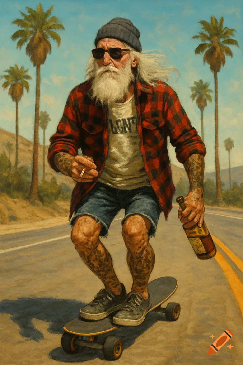 A tattooed old man is skateboarding on a road lined with palm trees. He is holding a cigarette and a bottle.