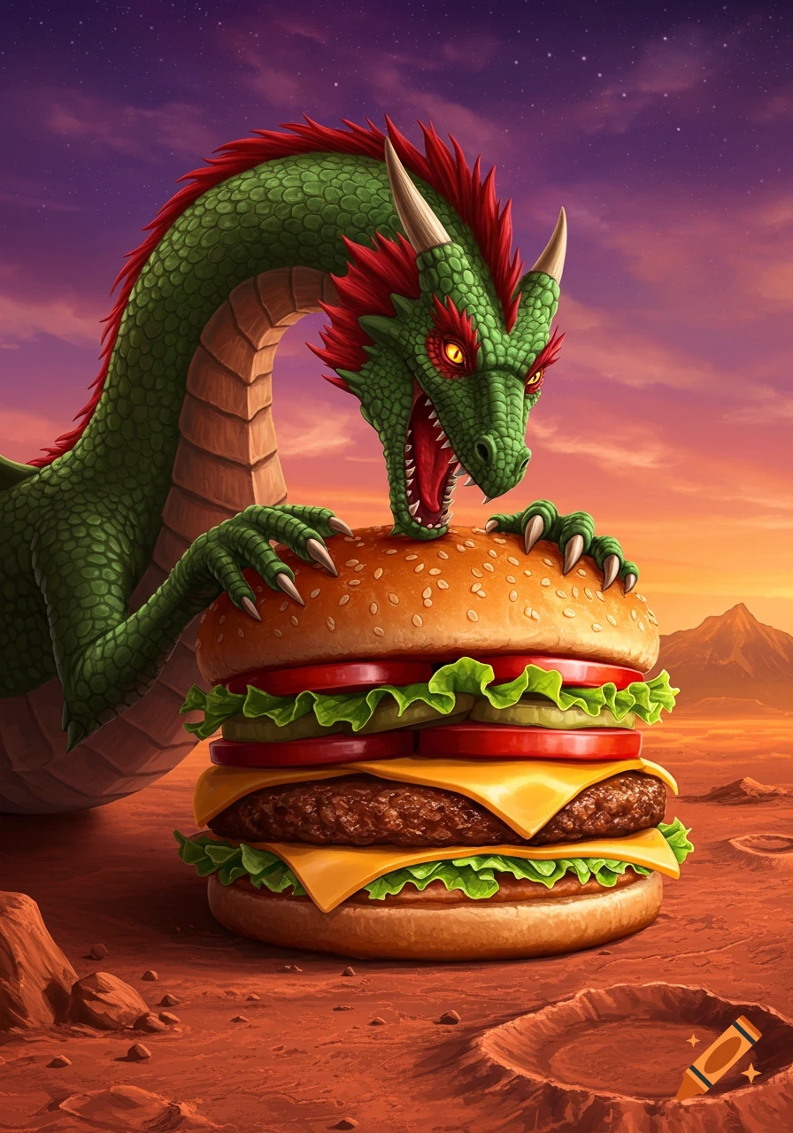 A green dragon eats a giant hamburger on the surface of Mars under a starry purple sky.