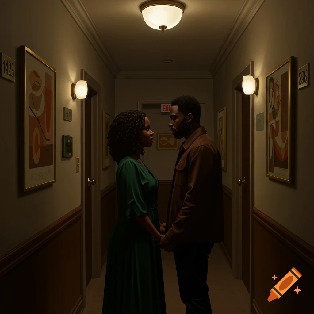 A Black couple holds hands and looks at each other in a dimly lit apartment building hallway with framed art.