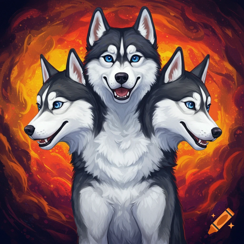 Illustration of a three-headed husky dog with blue eyes against a fiery background.