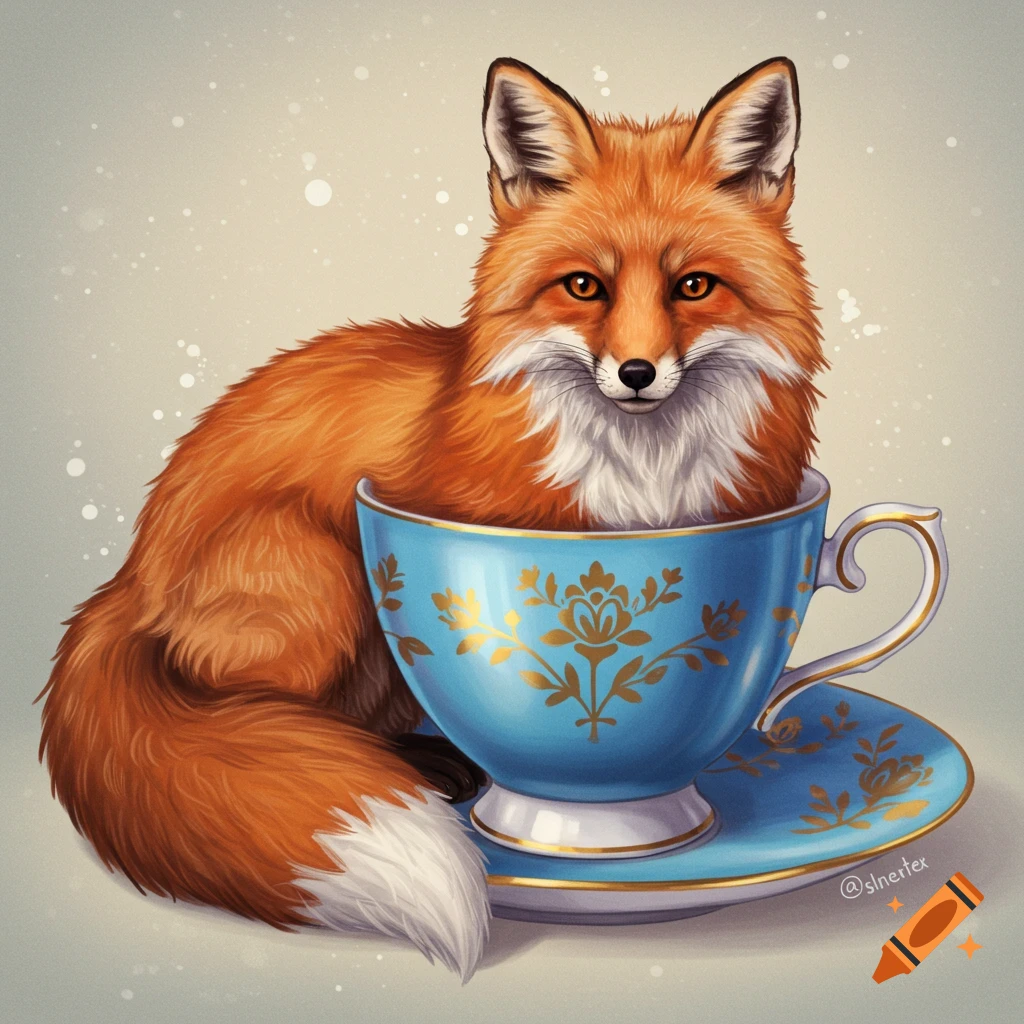 A cute fox sitting inside a blue teacup on a saucer.