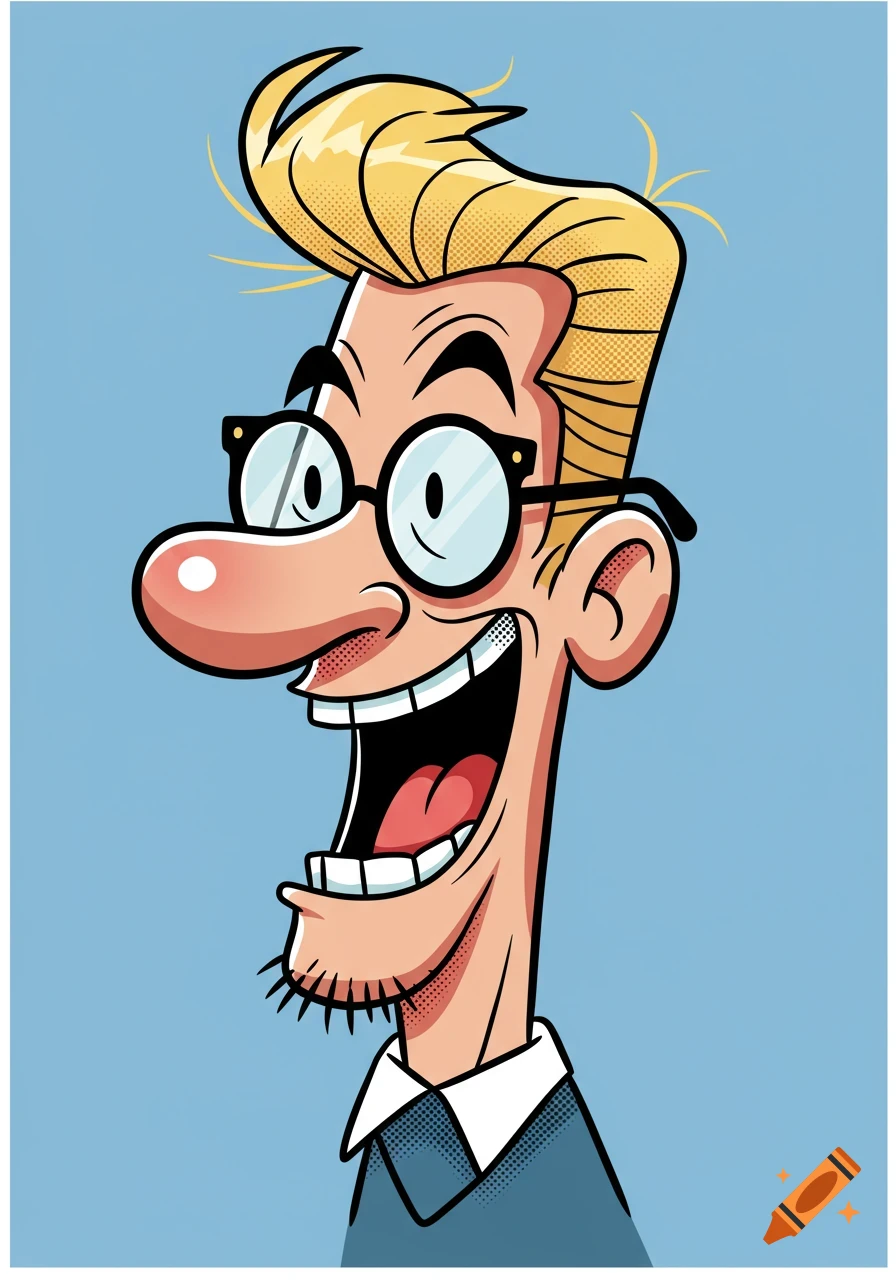 Cartoon portrait of a man with blond hair and glasses laughing.