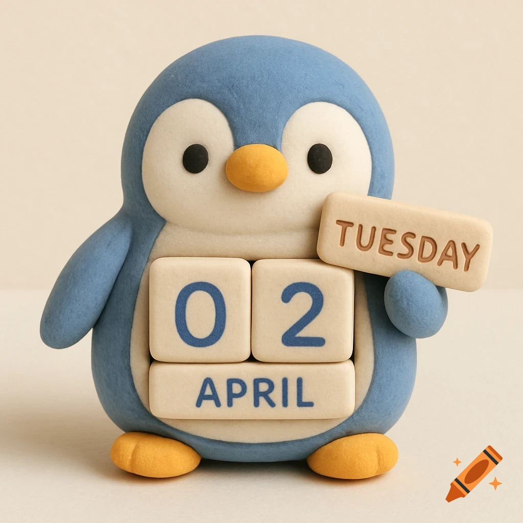 A cute clay penguin holding a calendar block that says 'Tuesday' and showing '02 APRIL' on its belly.