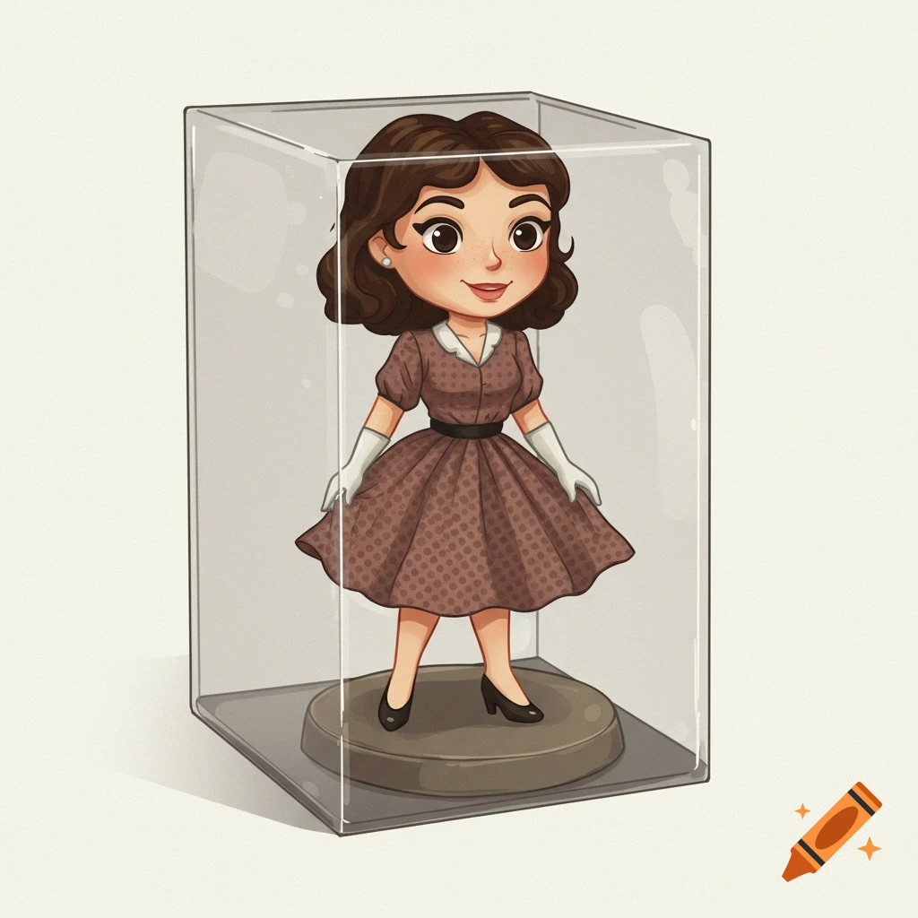 A cartoon figurine of a person in a brown polka dot dress and gloves standing in a clear display box.
