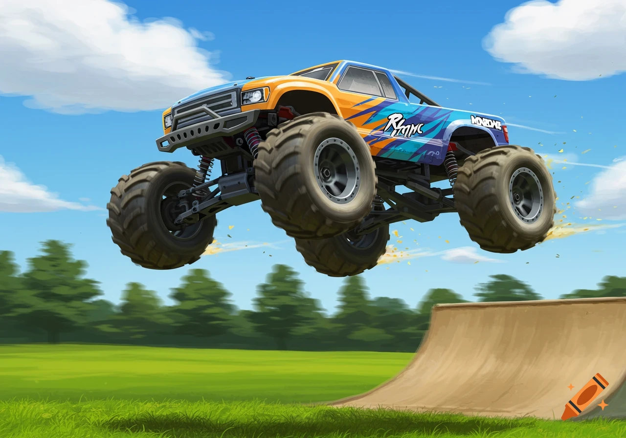 Illustration of a monster truck jumping over a dirt ramp in a field.