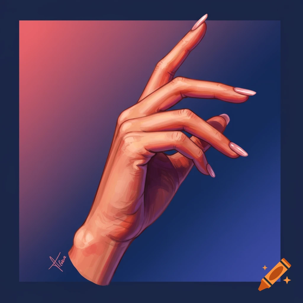 Illustration of a hand with long nails against a gradient background.