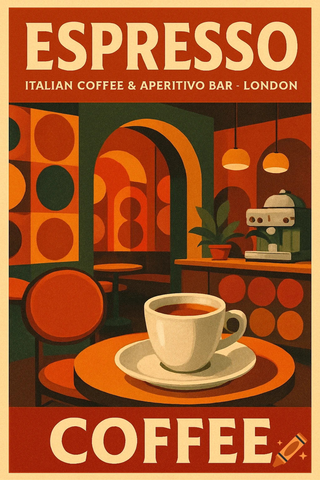 Retro style poster for a coffee and aperitivo bar, with a cup of coffee, geometric patterns, and text 'Espresso Coffee'.