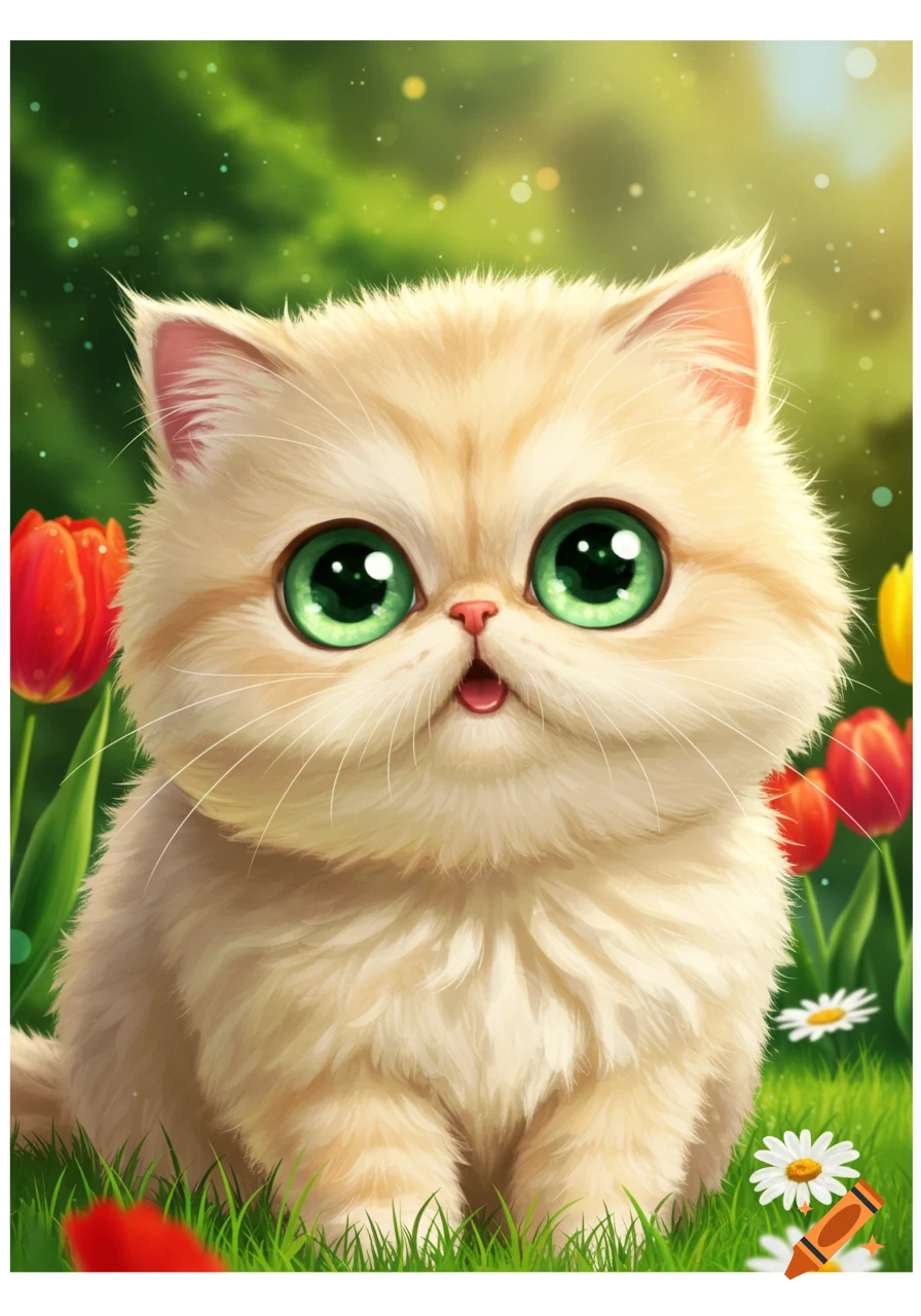 Cute kitten with big green eyes sitting in a garden with tulips and daisies.