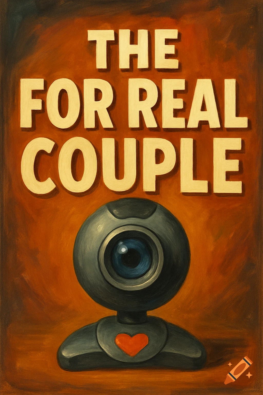 Illustration of a webcam with a red heart and the text 'THE FOR REAL COUPLE' on an orange background.