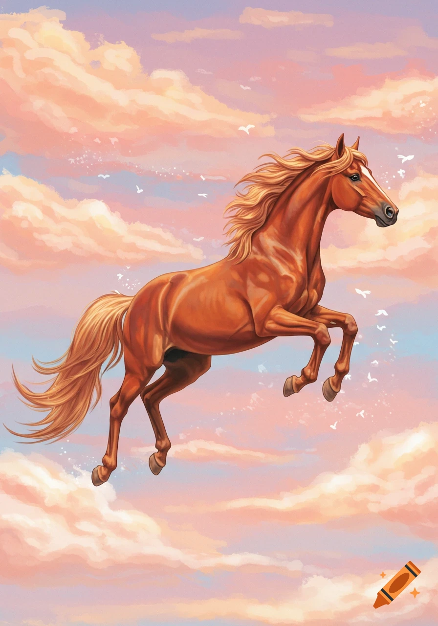A brown horse leaps through a pink and orange cloudy sky with birds.