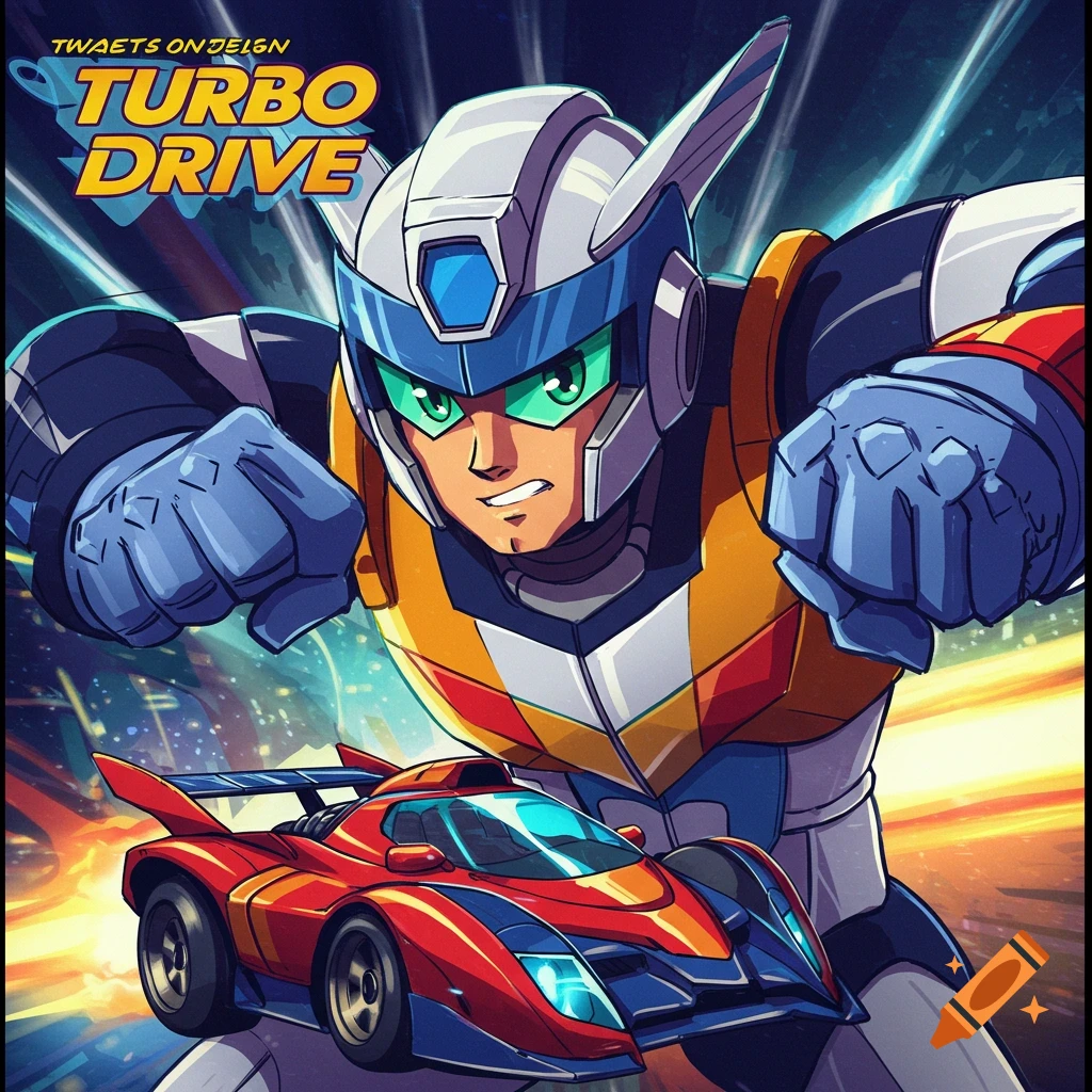 A stylized image of a mecha character with a red race car.